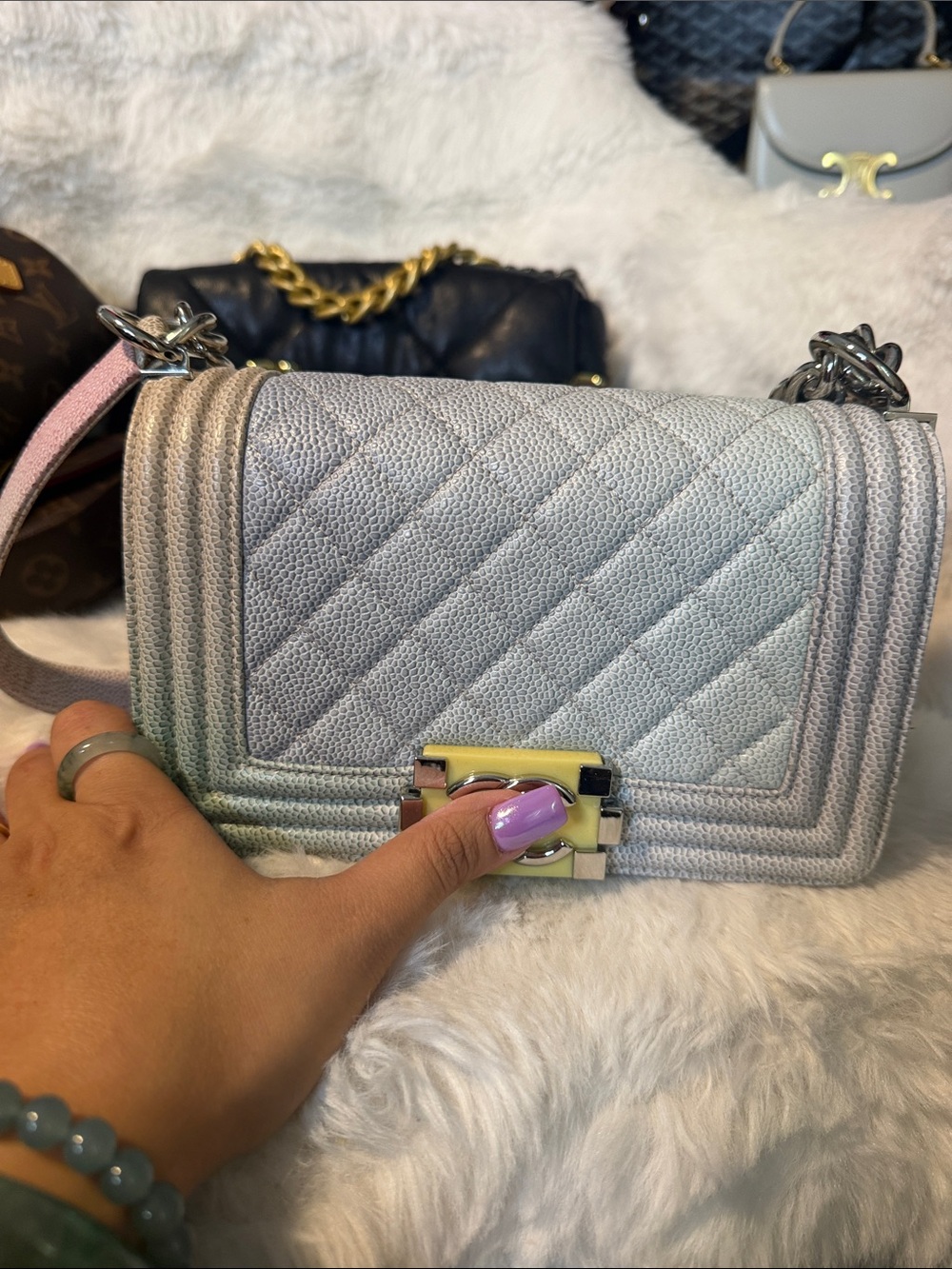 Designer Quilted Chain Shoulder Bag - Light Gray